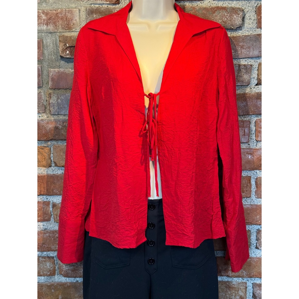 Topshop Red Crinkle Tie Front Blouse Long Sleeve V-Neck Top US 4